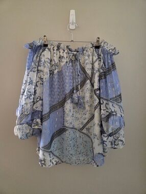 River Island Light Blue and White Off-Shoulder Peasant Blouse